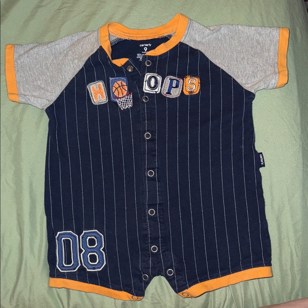 Carter's vintage Navy and Gray “HOOPS” Baby Romper with Orange Accents
